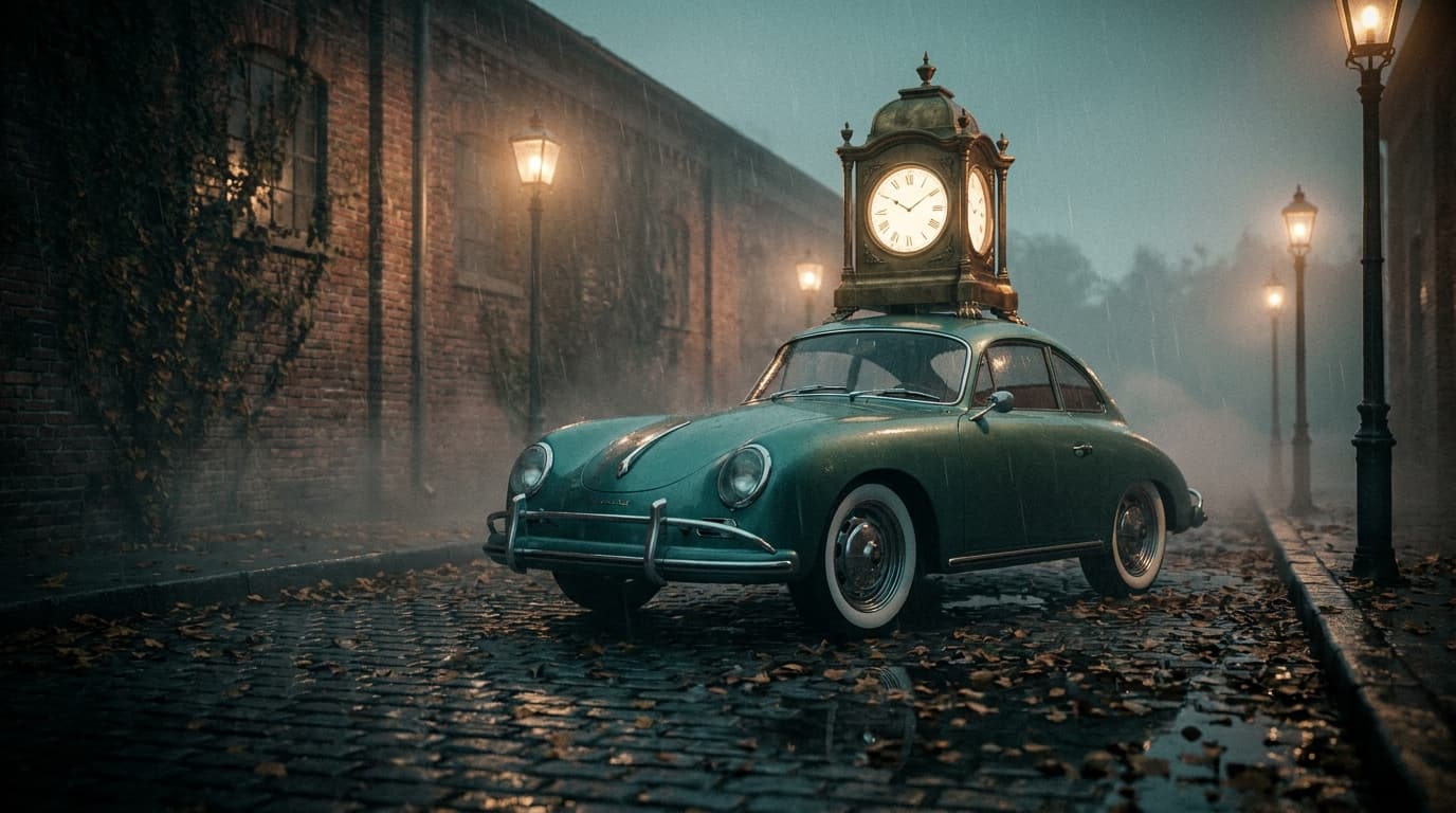 A vintage teal Beetle with a brass clock on its roof, parked on a rain-soaked Tucson street at dusk