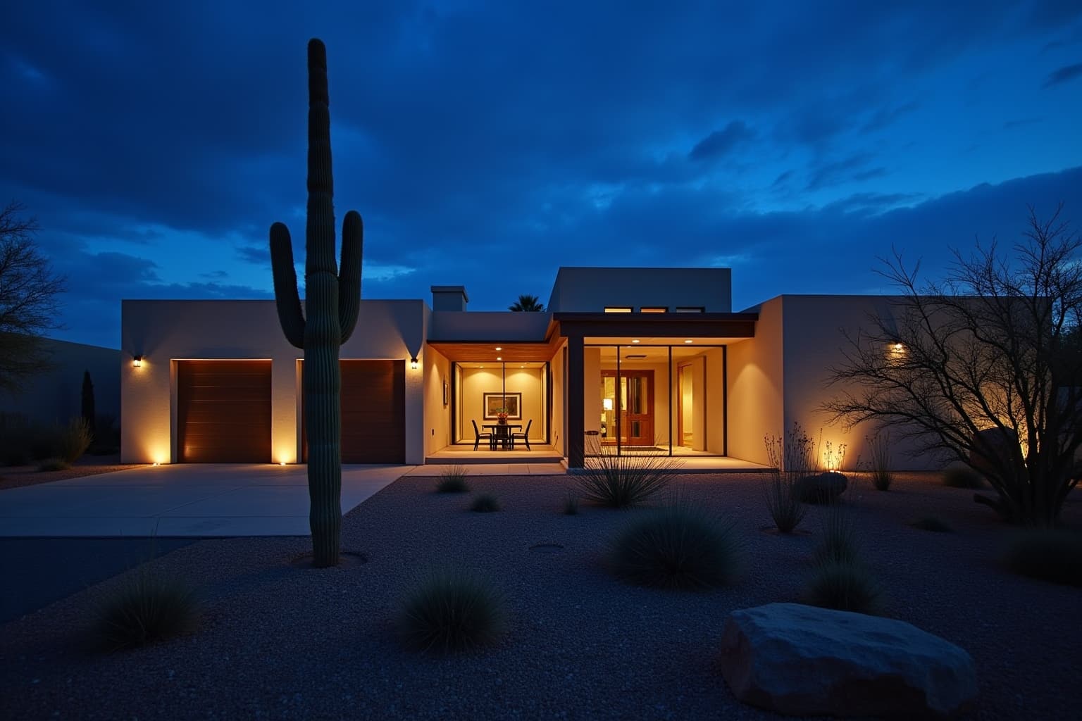 Modern Tucson home at twilight